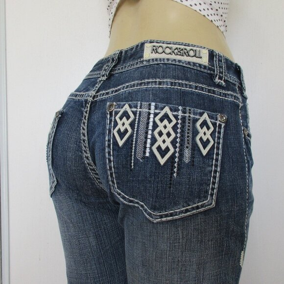 New ROCK & ROLL Cowgirl Jeans Size 32 X 34 Embellished Bootcut Denim - Picture 1 of 14